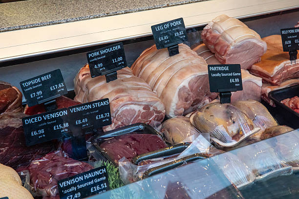 View of different meats in a Butchers Shop window.