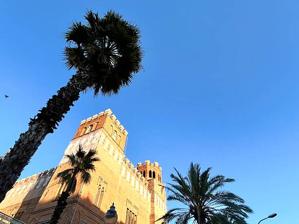 Looking up at a historical building featuring towers and crenellated rooftops, framed by tropical palm trees under a clear blue sky on Passeig de Picasso in Barcelona, Spain
