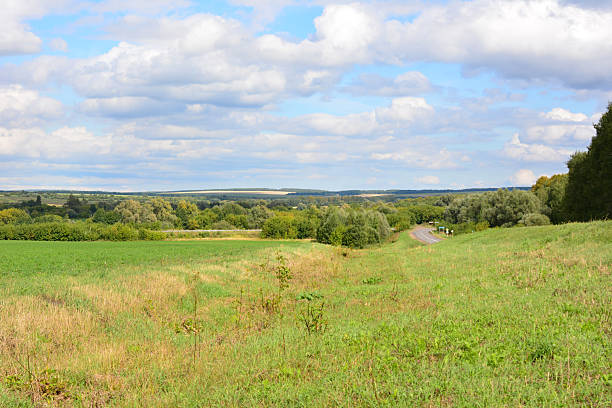 istock a countryside with Green Fields and a road Under a Cloudy Sky 2251383585