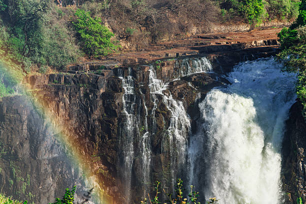 A stunning view of Victoria Falls with a vivid rainbow arching over the rugged rock face and thundering mist, showcasing Africa's natural power and scenic beauty at the Zambezi River border.