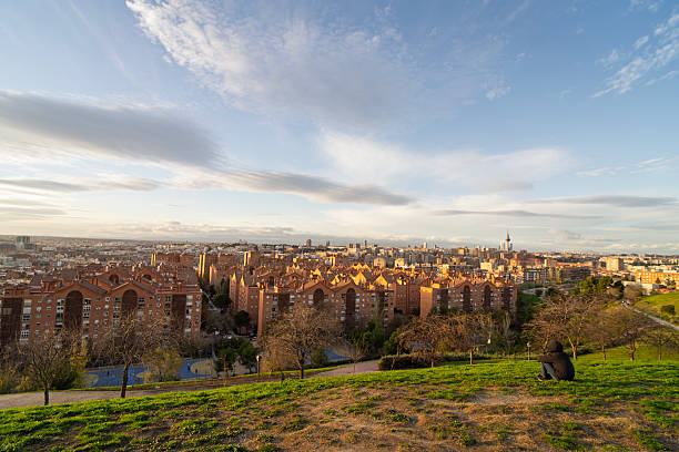Person sitting on the grass in a park enjoys the panoramic view of madrid at sunset