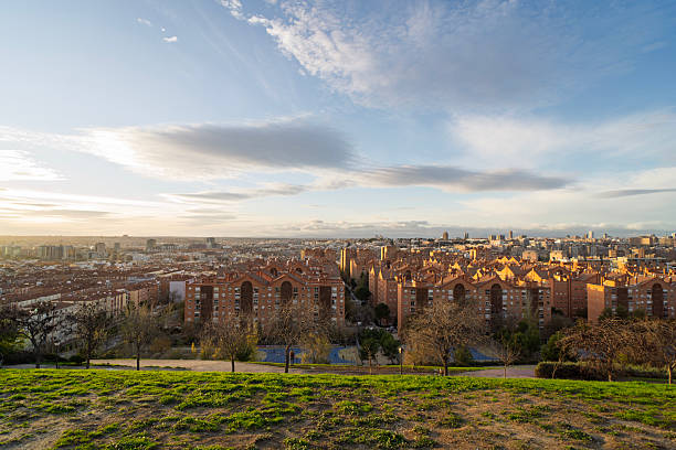 The warm light of the setting sun illuminates the skyline of madrid, seen from a green hill in a park