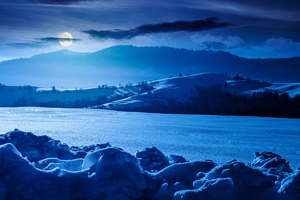 istock beautiful winter landscape with snow covered rolling hills under dark sky at night 2251398489