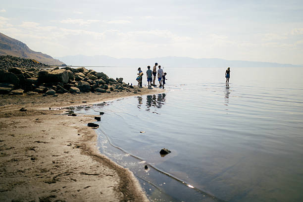 A Caucasian family plays in the saline water of Great Salt Lake at the edges of Salt Lake City, Utah.  Fun and exploration at the waters edge.