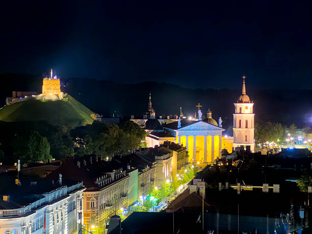 A captivating panoramic night view of Vilnius Old Town, a UNESCO World Heritage Site, illuminated against the dark sky. The image prominently features the neoclassical Vilnius Cathedral and its distinctive Belfry in the center, flanked by the brightly lit historic architecture of the surrounding streets. Dominating the background is the iconic Gediminas' Tower atop Castle Hill. This photograph captures the historic beauty, culture, and vibrant nightlife of Lithuania's capital city in the Baltic region of Europe.