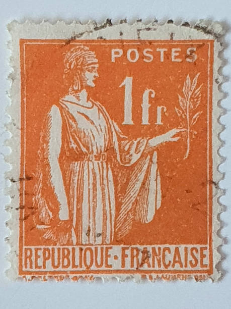 istock French 1 Franc Mouchon Postage Stamp with Allegorical Figure Orange 2251404391