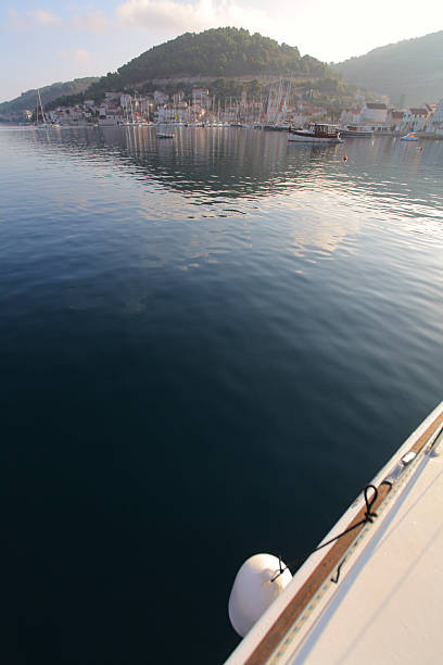 View from sailboat on Vis Kut harbor, Adriatic Sea, Croatia