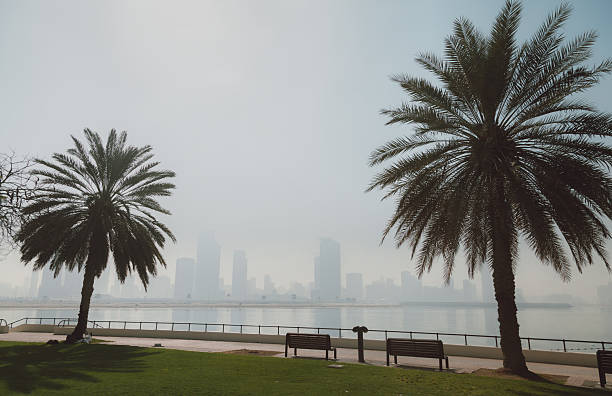 Al Mamzar Beach Park - A tranquil daytime view of a waterfront park in Dubai United Arab Emirates featuring tall palm trees framing a calm body of water with benches green lawn and a hazy modern skyline in the distance The soft atmospheric light and balanced composition convey urban nature relaxation and peaceful city life blending tropical landscape with metropolitan scenery and generous copy space