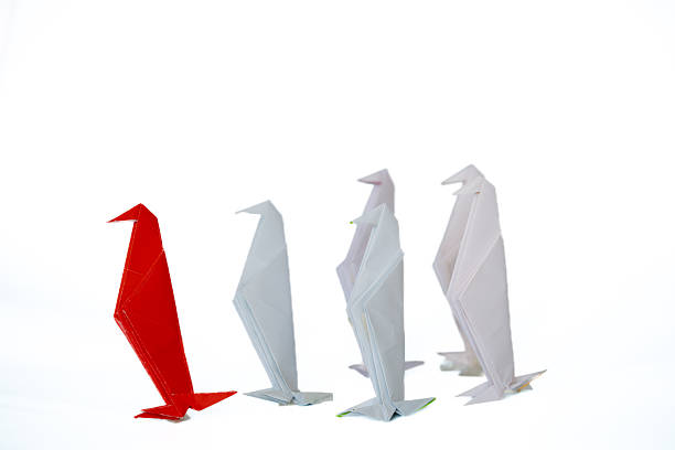 Leadership concept: One red origami penguin standing out