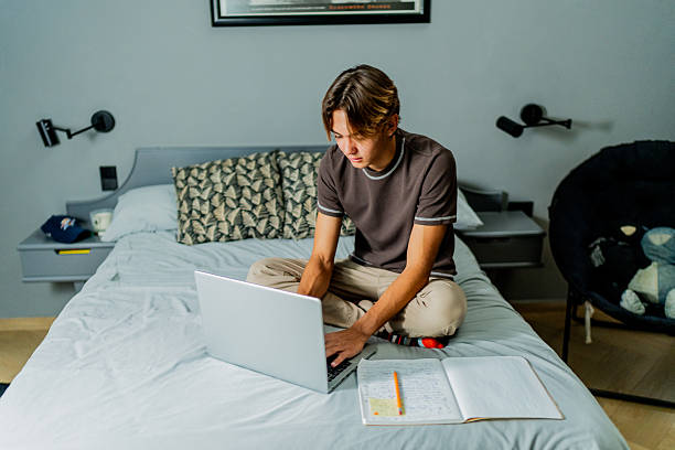 istock Teenage boy studying using laptop at home 2251422199