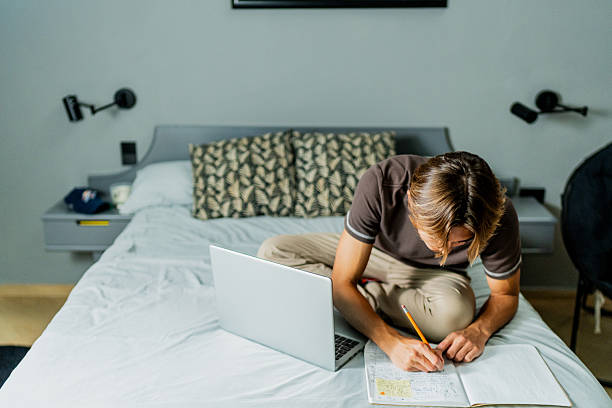 istock Teenage boy studying using laptop at home 2251422218