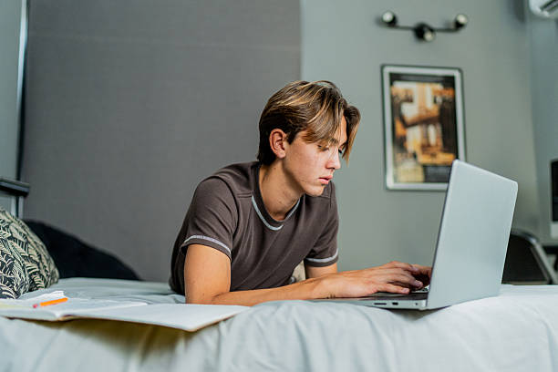 istock Teenage boy studying using laptop at home 2251422243