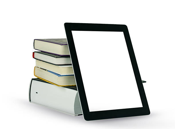 istock On a white background, there is a stack of five books with a black tablet with an empty screen standing on top 2251422318