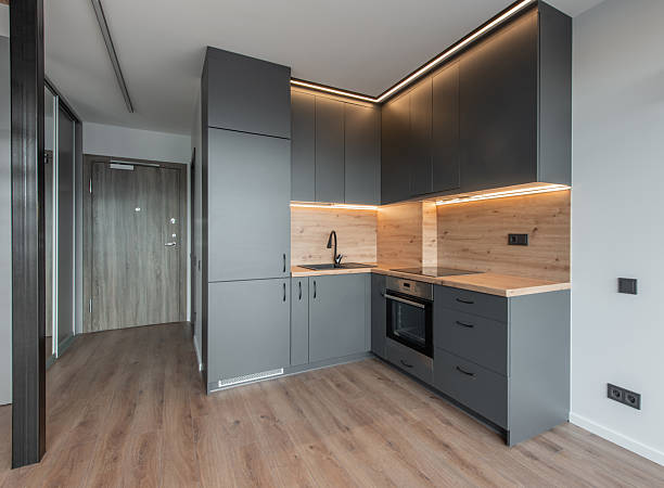 istock Modern Loft Kitchen Interior With Gray Cabinets and Wooden Floor and Hallway 2251430650