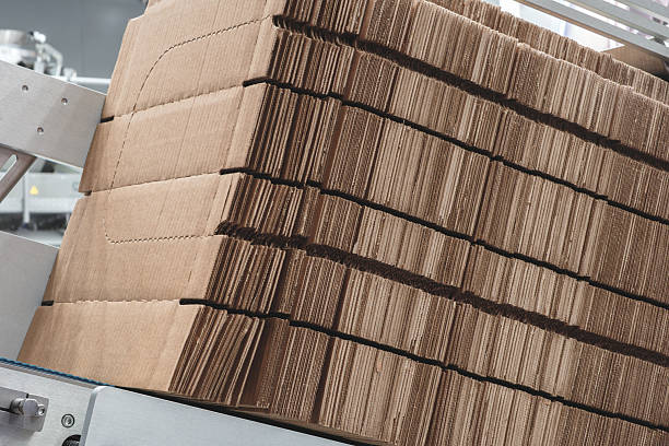 istock Folded cardboard boxes stand in a row on a packaging machine conveyor ready to be opened and filled with food products. 2251431416