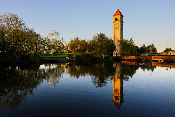 A round cylinder shaped building in downtown Vancouver Washington. Shot at sunset for most dramatic light.