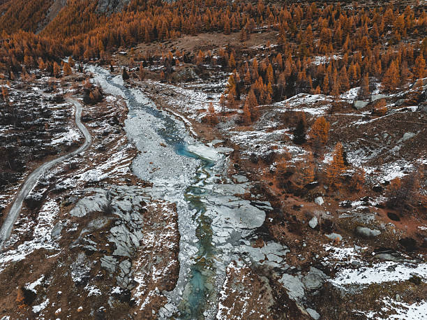 Mountain, Larch in fire, colors of Autumn, drone view , Switzerland, Valais