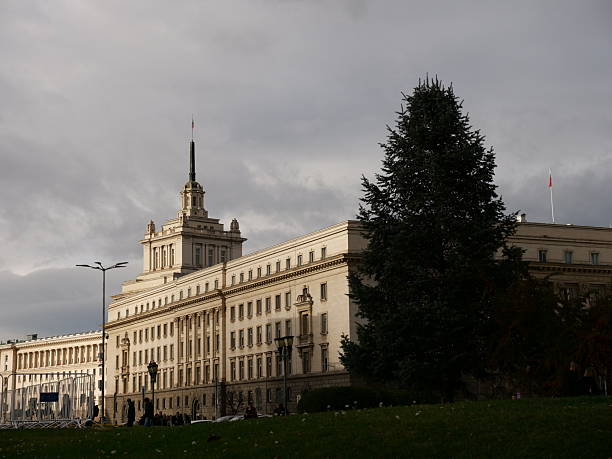 Socialist Classicism architecture of the Bulgarian National Assembly building(part of the Largo ensemble) in Sofia, Bulgaria, on a dark overcast day.