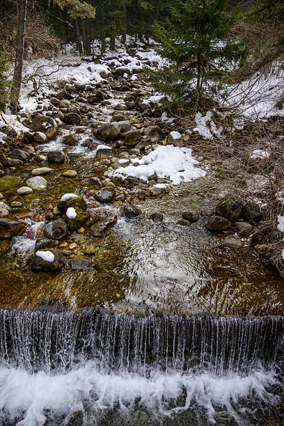 istock Icy mountain stream with waterfall flowing through a snowy forest 2251461622