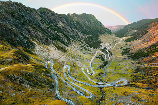 Aerial view of serpentines of Transfagarasan road