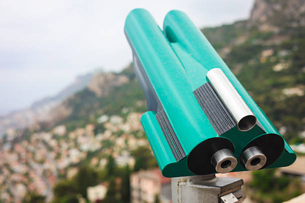Observation viewer in mountains on summer day, closeup. Space for text