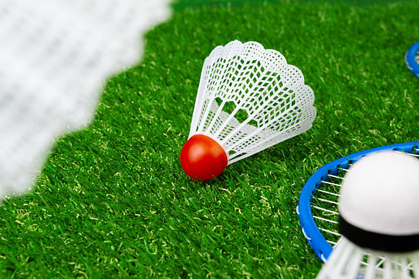 Badminton game rackets and shuttlecock on grass
