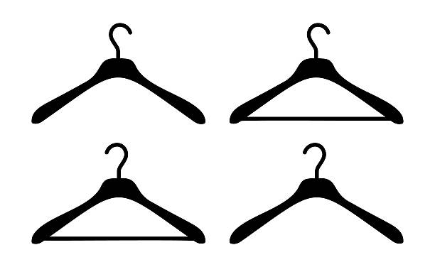 Hanger wardrobe icons set. Cloakroom black silhouette pictograms templates. Clothes rack, service symbol samples. Dry cleaning flat pattern, clothing store simple signs collection.