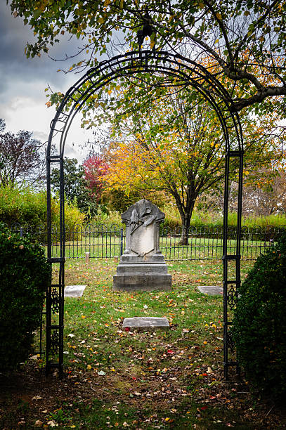 Lynchburg, Virginia, USA - October 19, 2025: Large headstone framed by an iron arch in Old City Cemetery