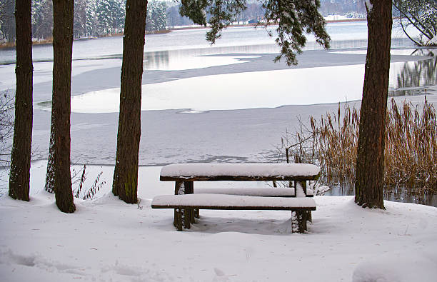 A wooden picnic table sits under a blanket of snow near a frozen lake, surrounded by trees