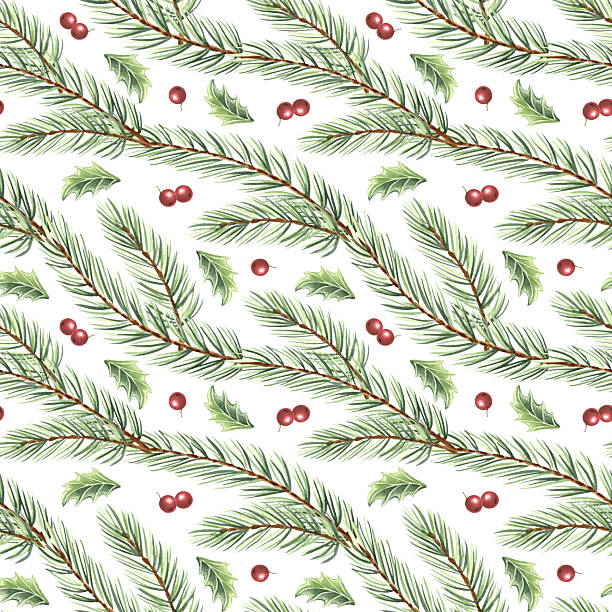 istock Watercolor pine branches with holly berries and leaves seamless pattern for Christmas. Hand-drawn illustration spruce twigs for winter holiday decor. Natural background of forest plant for textile. 2251492129