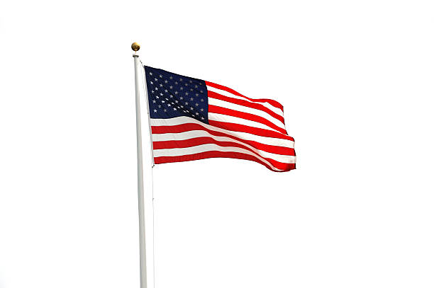 istock waving USA flag on pole isolated on white background 2251492436