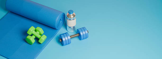 istock 3D rendered workout equipment for training at home on blue background, Top view and copy space 2251495355