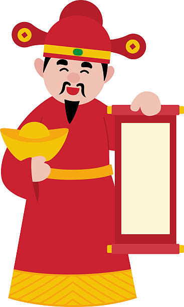 Chinese god of wealth holding blank scroll flat vector stock illustration.Happy Chinese new year. Transparent background. A flat vector illustration of the Chinese God of Wealth holding a blank scroll, designed with bright festive colors and traditional cultural details. The empty scroll allows for customizable text, making this clipart ideal for creating greeting cards, promotional banners, red envelope artwork, and digital or print projects celebrating the Lunar New Year. Presented on a transparent background for easy use in various designs. Happy Chinese New Year theme included. gong xi fa chai stock illustrations