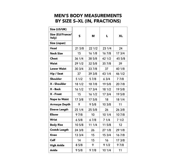 istock Men size chart inches fractions chest waist hips shoulder sleeve S M L XL reference sewing tailoring fitting global 2251497055