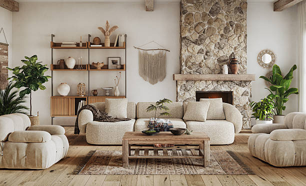 istock Modern Bohemian living room interior with a natural stone fireplace, 3d render 2251509703