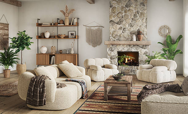 istock Modern Bohemian living room interior with a natural stone fireplace, 3d render 2251509704
