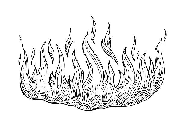 Hand drawn flame vector ink illustration. Vintage fire line horizontal doodle sketch in engraving style. Fire flames outline icon isolated on white background. Contour bonfire, linear flaming. Retro line art detailed fire sign in graphic doodle style. Black tattoo esoteric element for witchcraft, occult alchemy design. Devil hell fire concept. EPS 10 illustration for posters, decoration, cards, and print