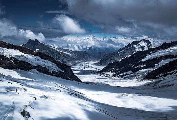 A dramatic wide-angle view of the massive Aletsch Glacier winding through the steep, snow-covered mountains of the Swiss Alps