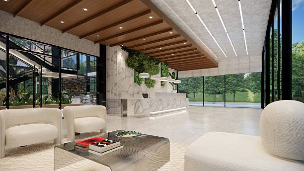 Modern Open Plan Office Space With Tables, Office Chairs, Creeper Plants And Manager Room.