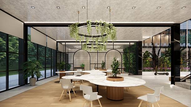 istock Modern Open Plan Office Space With Tables, Office Chairs, Creeper Plants And Manager Room. 2251521993