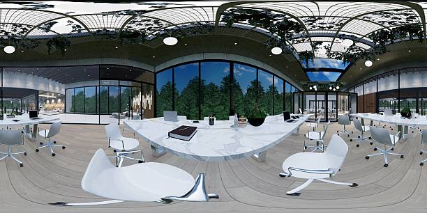 istock 360 Panorama VR  .Modern Open Plan Office Space With Tables, Office Chairs, Creeper Plants And Manager Room. 2251527976
