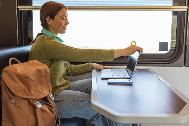 istock Woman working on laptop in a train 2251530009