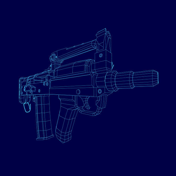 istock A 3D wireframe blueprint of an assault rifle set against a stark blue background. The detailed technical illustration provides a realistic and tactical perspective. 2251543316
