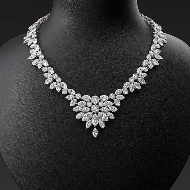 istock Luxurious diamond necklace on a leather bust stand. Close-up. Frontal view. 3d rendering. 2251543934