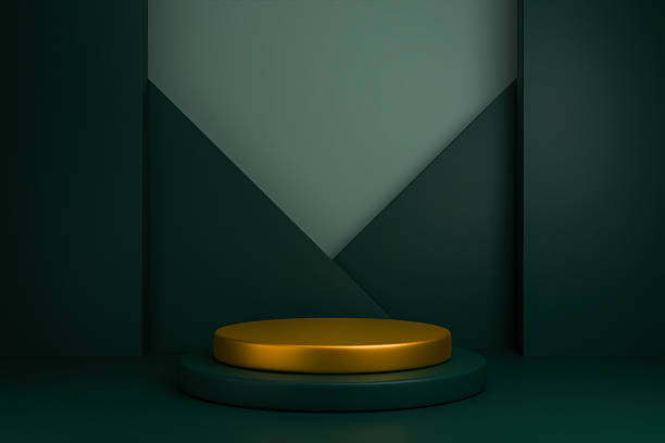 istock 3D render Black studio with geometric shapes and a gold spotlight podium 2251544034