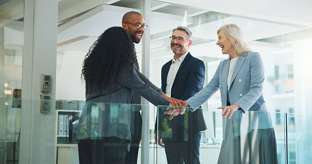 istock Stack of hands, partnership and business people in office with solidarity, unity or teamwork. Happy, collaboration and group of financial advisors with manager for good news together in workplace. 2251544679