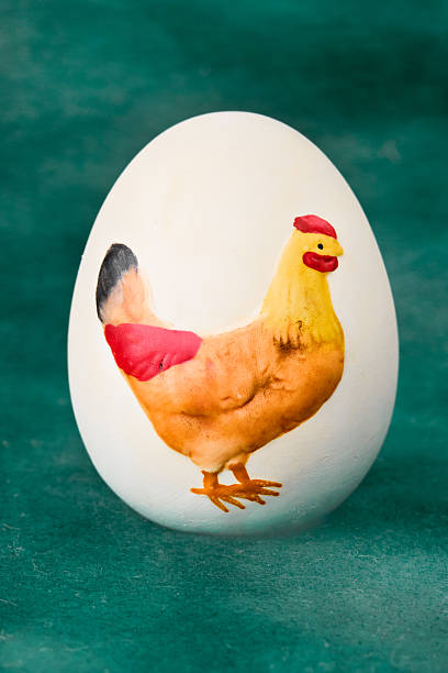 A white egg featuring a vibrant, hand-painted chicken design, standing prominently against a textured teal background. Perfect for Easter, farm, or craft themes.