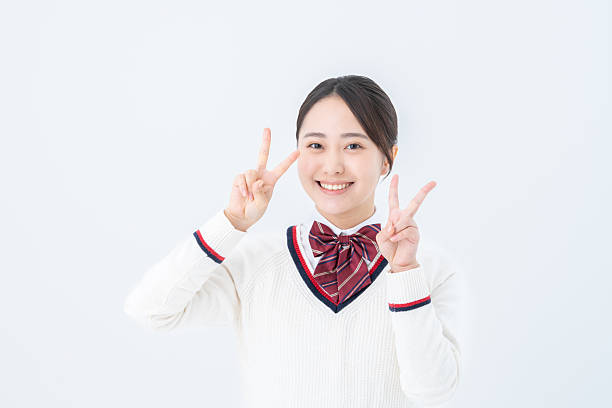 High school girl on white background