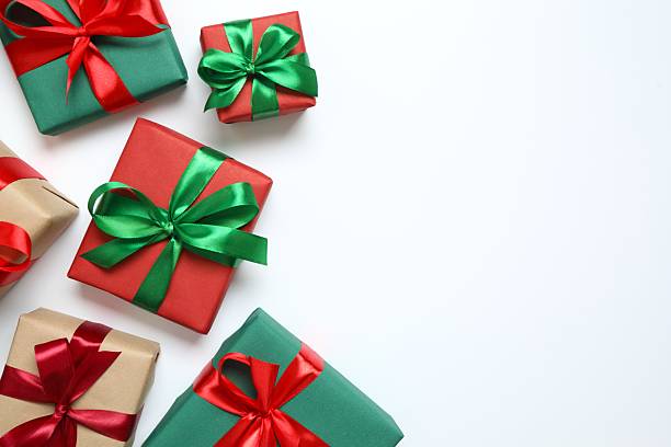 istock Top view of gift boxes tied with bows on white background 2251549259