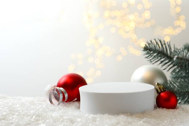 istock Beautiful composition with podium, Christmas decor and white snow 2251551907